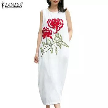 ZANZEA женское летнее повседневное платье-майка без рукавов с цветочным принтом и круглым вырезом