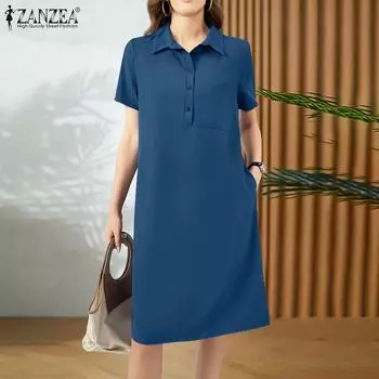 ZANZEA Женское летнее повседневное платье-рубашка с отложным воротником и коротким рукавом 4XL синий
