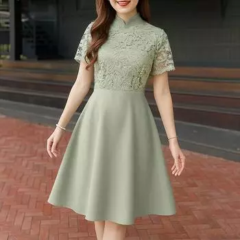 ZANZEA Женское летнее повседневное платье с кружевной вставкой и коротким рукавом M