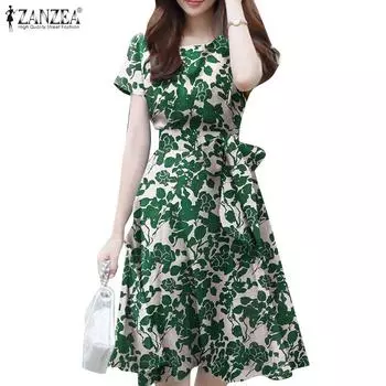ZANZEA Женское летнее повседневное платье с короткими рукавами и круглым вырезом с поясом и расклешенным принтом 5XL зелёный