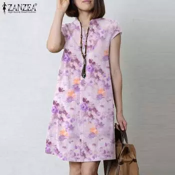 ZANZEA Женское летнее повседневное платье с короткими рукавами и цветочным принтом
