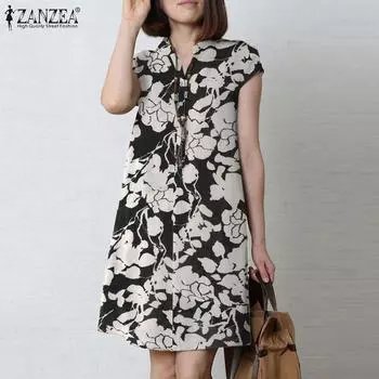 ZANZEA Женское летнее повседневное платье с v-образным вырезом и короткими рукавами XL чёрный