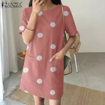 ZANZEA Женское летнее повседневное платье с короткими рукавами и принтом в горошек L чёрный