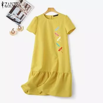 ZANZEA Женское летнее повседневное платье с короткими рукавами и круглым вырезом с вышивкой 5XL темно-синий