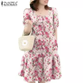 ZANZEA Женское летнее повседневное платье с квадратным воротником и коротким рукавом с цветочным принтом M синий