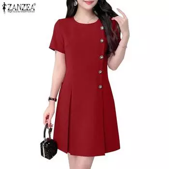ZANZEA Женское летнее повседневное платье с коротким рукавом и круглым вырезом