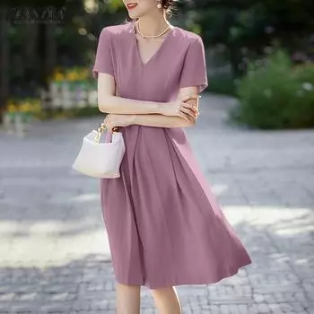 ZANZEA Женское летнее повседневное платье с коротким рукавом с V-образным вырезом