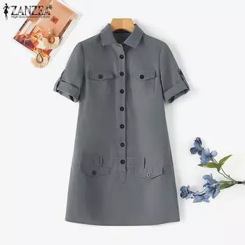 ZANZEA Женское летнее повседневное платье с отложным воротником и коротким рукавом S коричневый