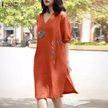 ZANZEA Женское летнее повседневное платье с короткими рукавами и цветочной вышивкой