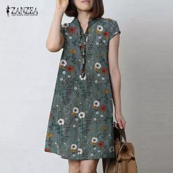 ZANZEA Женское летнее повседневное платье с v-образным вырезом и коротким рукавом с принтом 4XL хаки