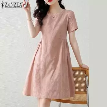 ZANZEA Женское летнее повседневное платье с круглым вырезом и короткими рукавами S темно-синий
