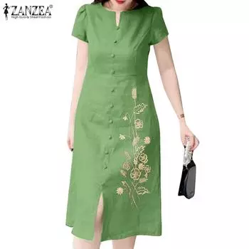 ZANZEA Женское летнее повседневное платье с круглым вырезом и коротким рукавом с вышивкой 5XL зелёный