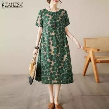 ZANZEA Женское летнее повседневное платье с круглым вырезом и короткими рукавами с цветочным принтом