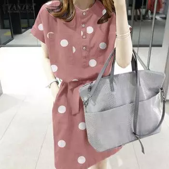 ZANZEA Женское летнее повседневное платье с круглым вырезом и короткими рукавами в горошек 2XL розовый