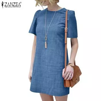 ZANZEA Женское летнее повседневное платье с круглым вырезом и короткими рукавами 5XL темно-синий