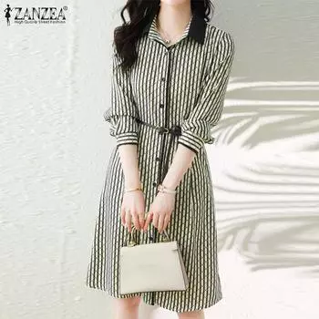 ZANZEA Женское летнее повседневное платье с отложным воротником и принтом с длинным рукавом 5XL зелёный