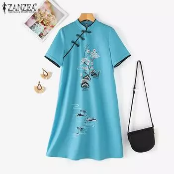 ZANZEA Женское летнее повседневное платье с воротником-стойкой и коротким рукавом с принтом S чёрный