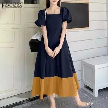 Женское летнее повседневное платье ZANZEA с квадратным воротником и короткими рукавами в стиле пэчворк S чёрный