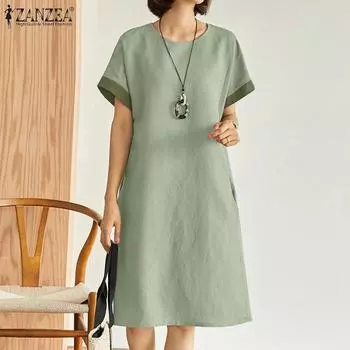 ZANZEA Женское летнее повседневное платье с круглым вырезом и короткими рукавами M темно-синий