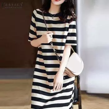 ZANZEA Женское летнее повседневное платье с круглым вырезом и короткими рукавами в полоску S чёрный