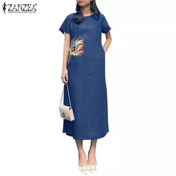 ZANZEA Женское летнее повседневное платье с коротким рукавом и цветочной вышивкой 4XL