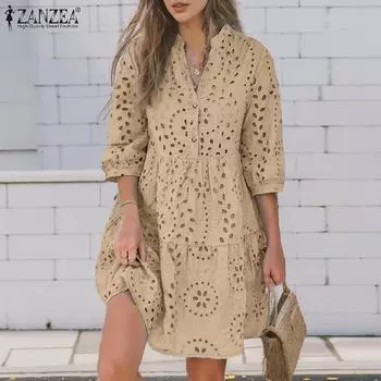 ZANZEA Женское летнее повседневное платье с V-образным вырезом и рукавом 3/4, свободное кружевное платье крючком S жёлтый