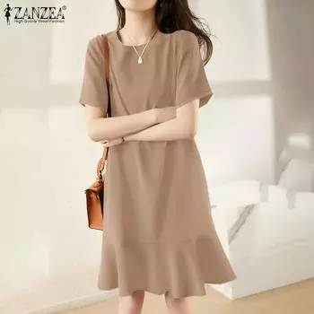 ZANZEA Женское летнее повседневное платье с коротким рукавом и оборками по подолу S чёрный