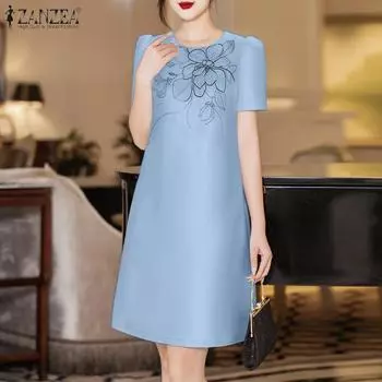 ZANZEA Женское летнее повседневное платье с короткими рукавами и круглым вырезом с принтом S фиолетовый