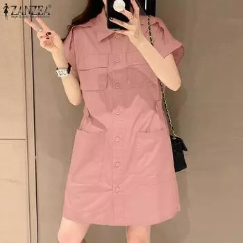 ZANZEA Женское летнее повседневное платье с отложным воротником и короткими рукавами S зелёный