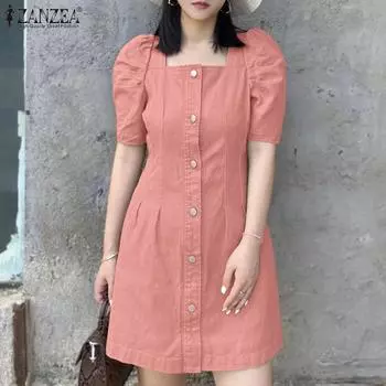 ZANZEA Женское летнее повседневное платье с квадратным воротником и коротким рукавом 4XL хаки