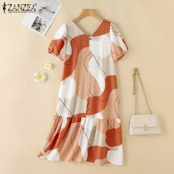 ZANZEA Женское летнее повседневное платье с коротким рукавом и принтом S синий