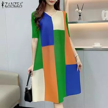 ZANZEA Женское летнее повседневное платье с V-образным вырезом в стиле пэчворк с коротким рукавом S темно-розовый