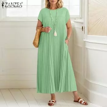 ZANZEA Женское летнее повседневное платье с круглым вырезом спереди и складками с коротким рукавом S чёрный