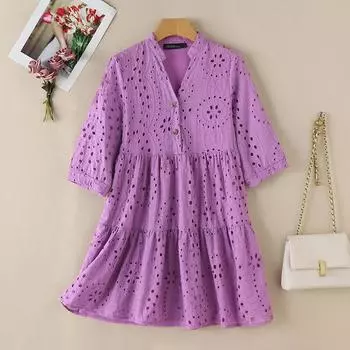 ZANZEA Женское летнее повседневное платье с V-образным вырезом и рукавом 3/4, свободное кружевное платье крючком L жёлтый