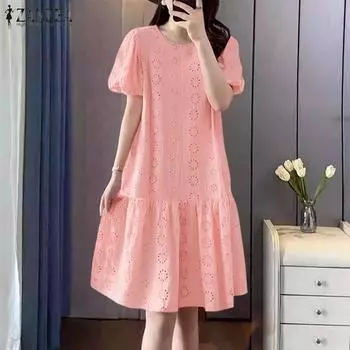 ZANZEA Женское летнее повседневное платье с коротким рукавом и ажурной вышивкой крючком S розовый