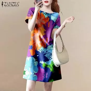 ZANZEA Женское летнее повседневное платье с коротким рукавом и цветочным принтом S зелёный