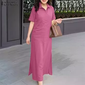 ZANZEA Женское летнее повседневное платье с отложным воротником и коротким рукавом S чёрный