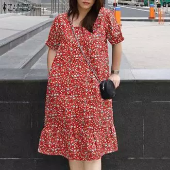 ZANZEA Женское Летнее Повседневное Платье с Цветочным Принтом и Коротким Рукавом S чёрный