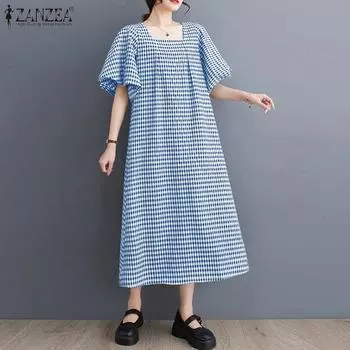 ZANZEA Женское летнее повседневное платье с круглым вырезом и коротким рукавом в клетку L чёрный