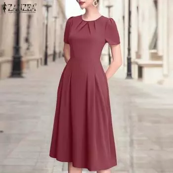 ZANZEA Женское летнее повседневное платье с круглым вырезом и коротким рукавом S вино красного