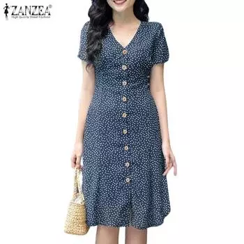 ZANZEA Женское летнее повседневное платье с V-образным вырезом и коротким рукавом в горошек M темно-синий