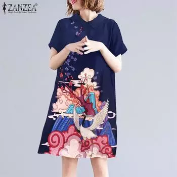ZANZEA Женское летнее повседневное платье с круглым вырезом и коротким рукавом с принтом