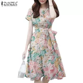 ZANZEA Женское летнее повседневное платье трапециевидной формы с цветочным принтом и круглым вырезом с короткими рукавами S розовый