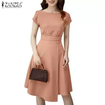 ZANZEA Женское летнее повседневное платье трапециевидной формы с короткими рукавами и круглым вырезом