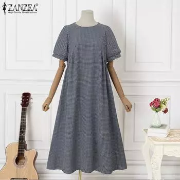 ZANZEA Женское летнее повседневное платье в клетку с короткими рукавами и круглым вырезом 3XL чёрный