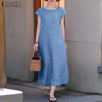 ZANZEA Женское летнее повседневное платье в клетку с короткими рукавами и круглым вырезом XL синий