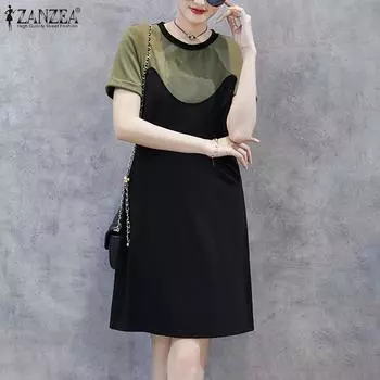 ZANZEA Женское летнее повседневное платье в стиле пэчворк с коротким рукавом