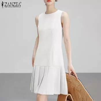 ZANZEA Женское летнее повседневное плиссированное платье без рукавов с круглым вырезом
