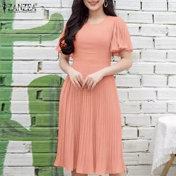 ZANZEA Женское летнее повседневное плиссированное платье с круглым вырезом и коротким рукавом S розовый