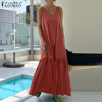 ZANZEA Женское летнее повседневное пляжное длинное платье без рукавов с v-образным вырезом